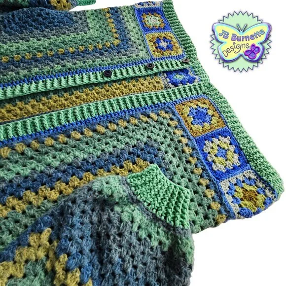 Handmade Oversize Crochet Cardigan Green Blue Warm Sweater, BOHO Granny Squares - Picture 15 of 15